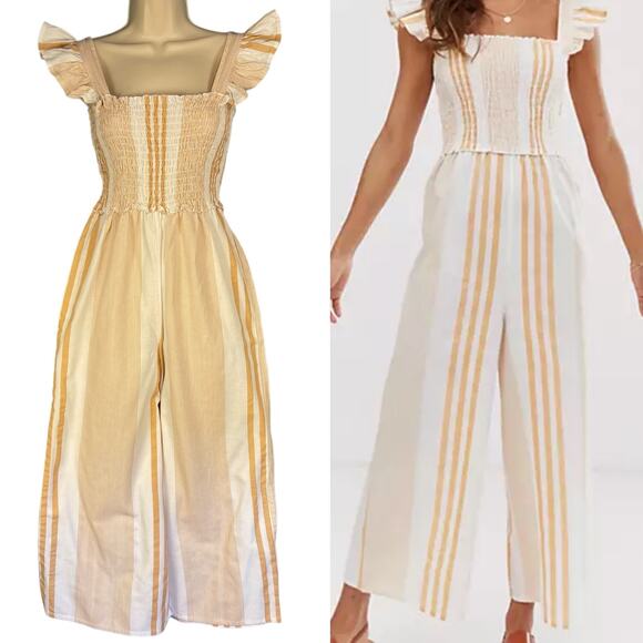 ASOS Shirred Frill Sleeve Linen Blend Jumpsuit Striped Size 8 - Picture 2 of 7